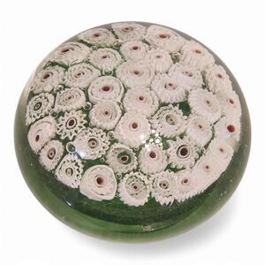 Vintage Murano Millefiori Art Glass Paperweight, White and Green, about 3" wide